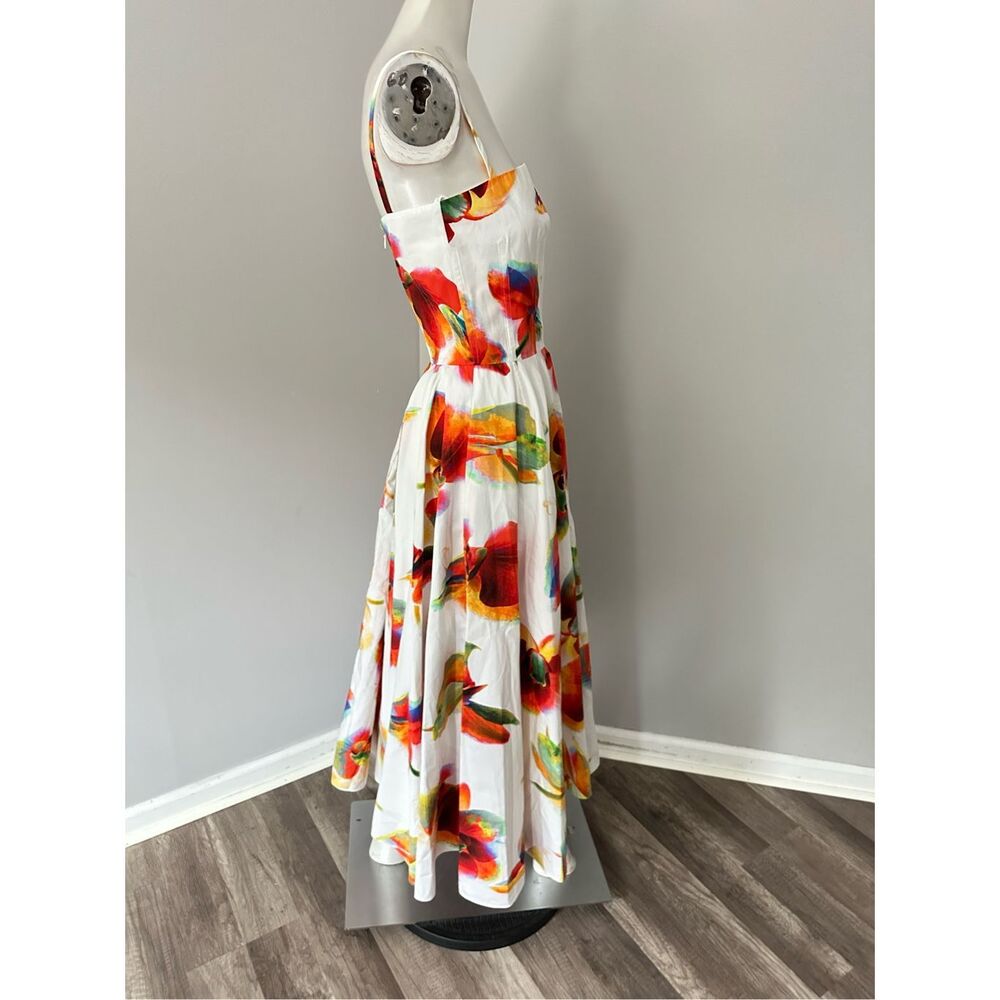NWT Alexander McQueen Orchid Print A-Line Midi Dress Tropical White Red Size 2 $ - Picture 8 of 12